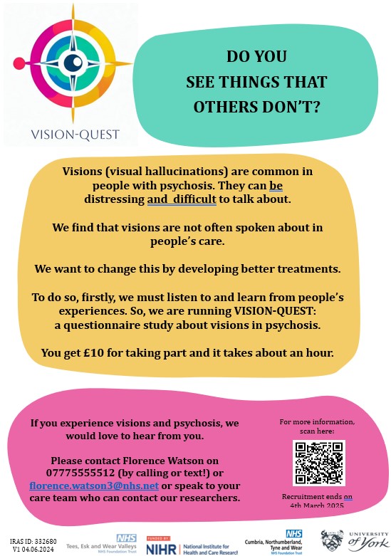 TEWV research (@tewvresearch) on Twitter photo If you experience visions and psychosis, the team would love to hear from you, please see the VISION-QUEST poster and contact details in the poster below <a href="/FlorenceRose95/">Florence Rose Watson</a> <a href="/CharAynsworth/">Charlotte Aynsworth</a> If you experience visions and psychosis, the team would love to hear from you, please see the VISION-QUEST poster and contact details in the poster below <a href="/FlorenceRose95/">Florence Rose Watson</a> <a href="/CharAynsworth/">Charlotte Aynsworth</a>