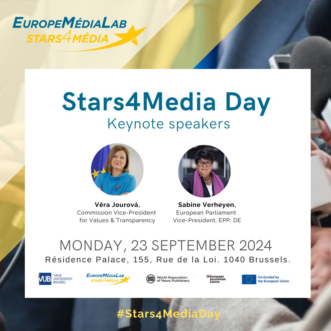⏰Less than a week left before our #Stars4MediaDay at Résidence Palace! 

Discover our two keynote speakers and join interesting sessions with policy makers and innovative #media.

 🎟️ Have a look at the programme, save your spot ! 
Pre-register here: bit.ly/4cPnel6