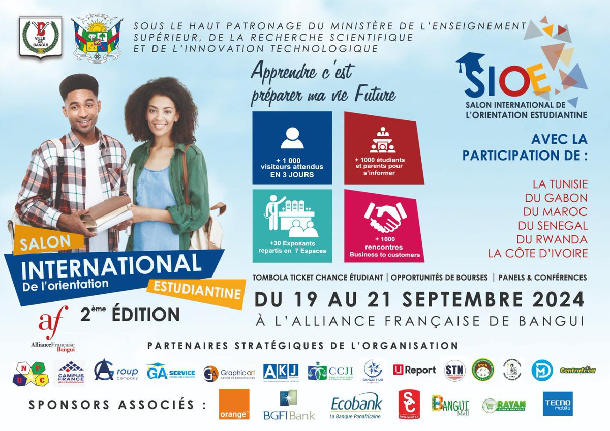 🎓✨ Le 2e salon de l'orientation estudiantine se tient à l'Alliance Française de Bangui du 19 au 21 septembre ! Découvrez des établissements, options de formation, bourses, et plus encore. Ne manquez pas cette opportunité ! 🌟📚 #Orientation #Éducation #Bangui