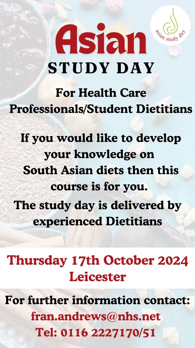 Spaces still available on this Asian study day. If you want to develop your skills further on the Asian diet, cultures, barriers to compliance and taste some traditional food then this course is for you. 
<a href="/AHPs_LLR/">LLR Allied Health Professionals</a> <a href="/BDA_Dietitians/">British Dietetic Association</a> <a href="/dietitians_lpt/">LPT Dietitians</a> <a href="/LPTnhs/">Leicestershire Partnership NHS Trust</a>