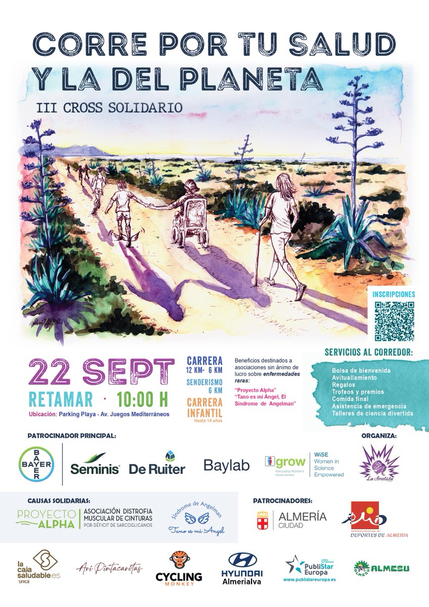 #CarreraSolidaria CCF La Amatista, 📅 22sep 10h, en Retamar, #Almería, patrocinada por #BayerSeminis y <a href="/bayer4cropses/">Bayer Crop Science España</a>. Apoya la lucha contra la Distrofia de Cinturas y el Síndrome de Angelma. 

🎟️ Inscripciones hasta 19-09: loom.ly/xwunZlY o en el punto de encuentro