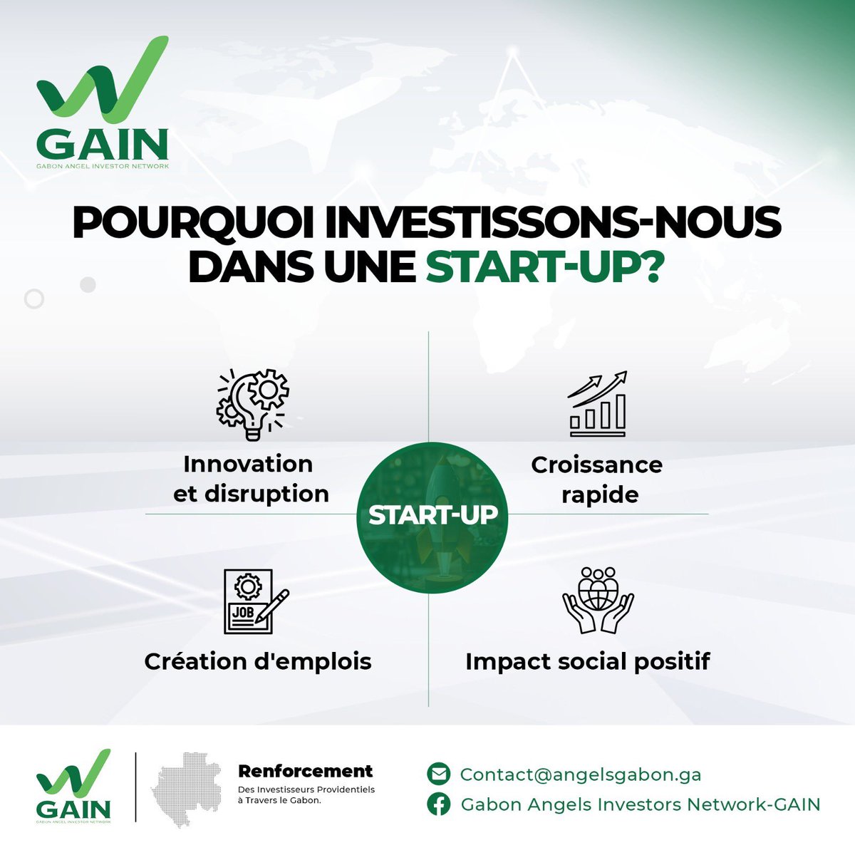 Une start-up est une jeune entreprise qui se concentre sur l'innovation et la disruption dans un secteur donné, avec une ambition de croissance rapide. Si vous vous reconnaissez, contactez-nous à 𝗰𝗼𝗻𝘁𝗮𝗰𝘁@𝗮𝗻𝗴𝗲𝗹𝘀𝗴𝗮𝗯𝗼𝗻.𝗴𝗮 ou angelsgabon.ga