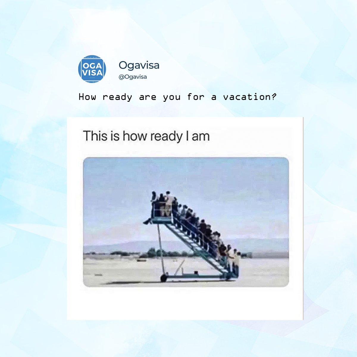 ogavisa's tweet photo. Vacation is how to recharge and unwind.

Book a tourist visa with ogavisa today.

#vacation #travel #ogavisa #visa #travelvisa #travelgram #vacancy #efcc #wizkid #toto #kaduna #diddy #portable #chosen #portable #el-rufai https://t.co/ZaZfLpzKVT