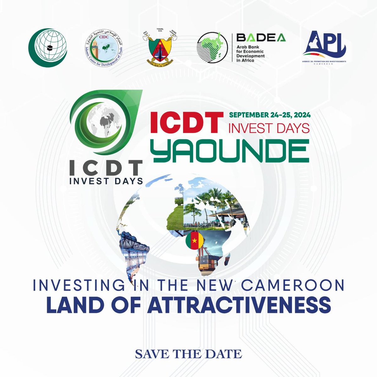 ICDT_OIC's tweet photo. 🌍📣 Exciting news!
Join us for the "ICDT Invest Days Yaoundé" Forum, organized by ICDT, the Cooperation and Capacity Development Department (CCD) of the Islamic Development Bank (@isdb_group ), and the Arab Bank for Economic Development in Africa (@badeabank ), in collaboration with the Cameroon Investment Promotion Agency (@IPACameroon ) and under the auspices of the Ministry of Trade of the Republic of Cameroon.

This forum will take place on September 24th and 25th, 2024, in Yaoundé, Republic of Cameroon. Themed "Investing in the New Cameroon, Land of Opportunities," our aim is to showcase Cameroon's potential as a prime investment destination, presenting lucrative opportunities to investors from OIC member countries.

In addition to highlighting investment prospects, the forum seeks to foster economic and commercial partnerships among OIC nations and enhance regional integration. We'll facilitate the exchange of national and regional insights, offer support for project financing through regional financial institutions, and promote strategic investment projects to bolster value chains within the @OIC_OCI.

Don't miss this chance to explore and contribute to Cameroon's thriving investment landscape!
For more details please visit our website: https://t.co/XYWc8K6Oza

#Investment #ICDT #OIC #Trade #yaoundé #Investmentopportunities