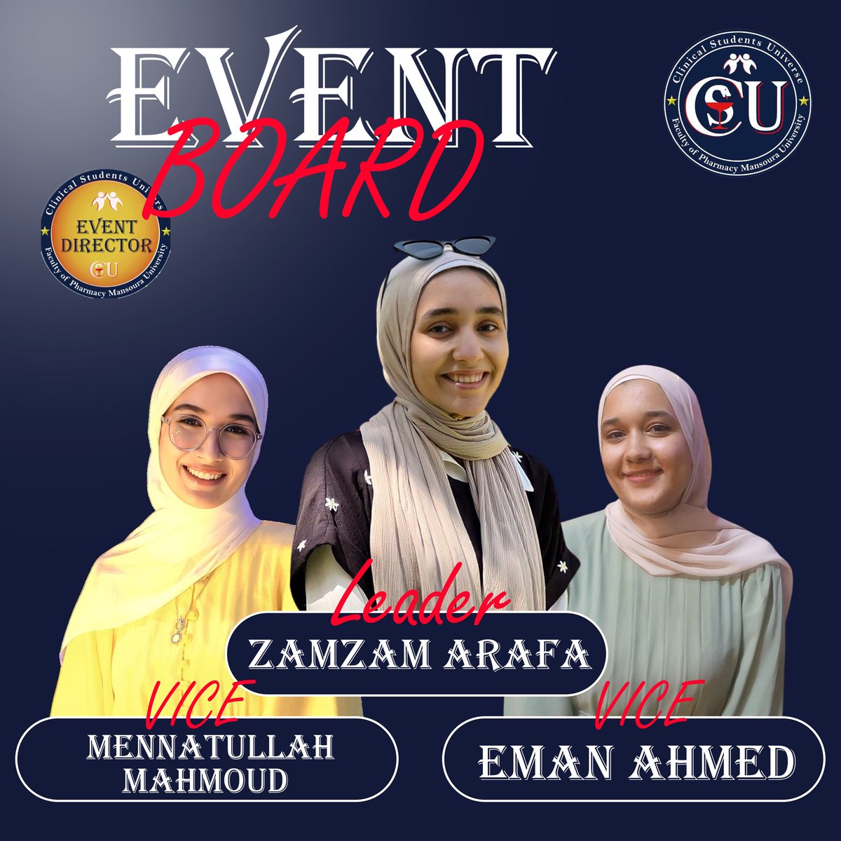 CSU_MU's tweet photo. “Leadership is the capacity to translate a vision into reality.”
We are glad to announce selection of Zamzam Arafa as our new EVENT leader and Mennatullah Mahmoud and Eman Ahmed as our new EVENT vice leaders for this year.❤️‍🔥

#CSU
#OneTeamOneDream https://t.co/V1GlUKCEGu