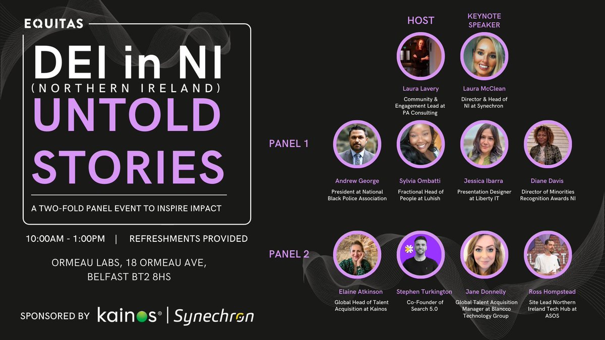 Mark your calendars! 📆 - 24th October - DEI in NI: Untold Stories 

Don't miss out on this two-fold event with an aim inspire impact, featuring some amazing speakers 🤩

Save your FREE spot here: buff.ly/3MN2Gir 

#DEI #Event #DiversityAndInclusion