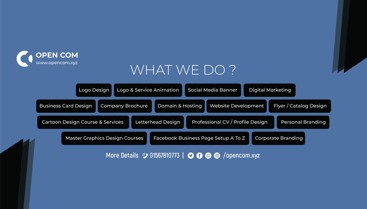 opencomxyz's tweet photo. What we do #WhatWeDo #OpenCom #CreativeDesign #LogoDesign #BannerDesign #AppDevelopment #BrochureDesign #FlyerDesign #WebDevelopment #ThinkDigital #Dhaka #Bangladesh #DigitalContent #CartoonDesign #JacuardMachine #WeBelieveinQuality #CorporateGraphicDesign #GraphicsDesignTraining https://t.co/jV1U4hwVzW