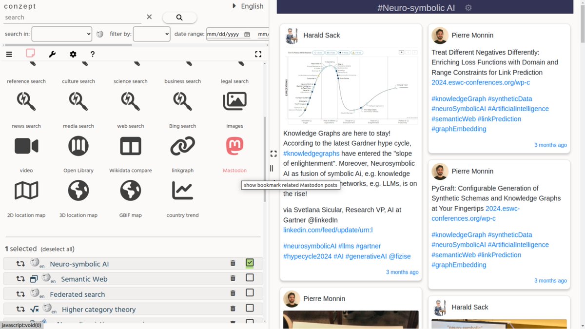 conzept__'s tweet image. New bookmark-action button (+ social-media field) for viewing the latest #Mastodon posts on topics. (Unfortunately the Mastodon data API does not yet support paging)
Based on this fully AI generated app: github.com/rstockm/mastow…
Example: conze.pt/explore/Kursk?…