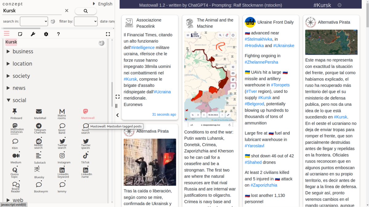 conzept__'s tweet image. New bookmark-action button (+ social-media field) for viewing the latest #Mastodon posts on topics. (Unfortunately the Mastodon data API does not yet support paging)
Based on this fully AI generated app: github.com/rstockm/mastow…
Example: conze.pt/explore/Kursk?…