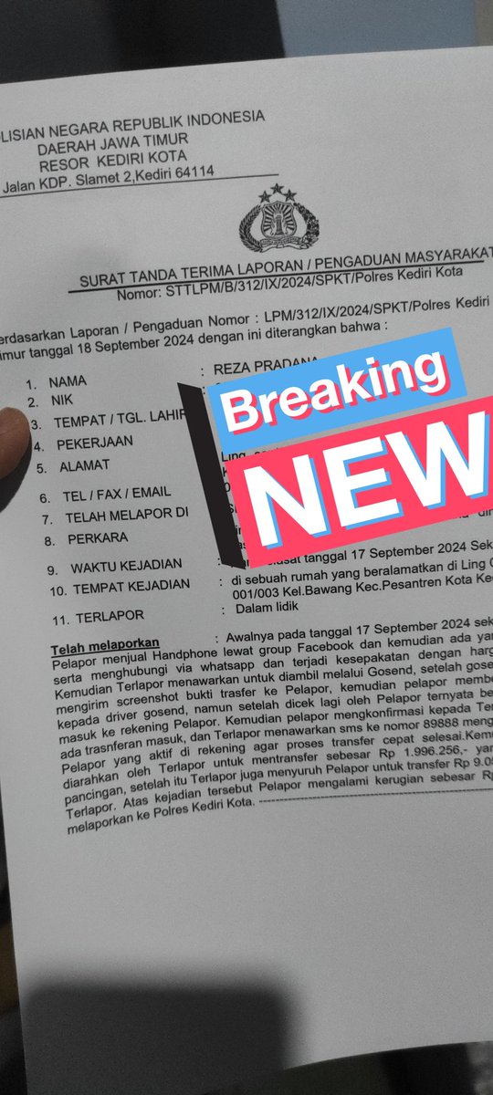 rezzpec_us's tweet photo. Percaya tidak percaya modus seperti ini memang ada dan yg awalnya kukira cuma hoax, sekarang aku mengalaminya. Sudah kukirim laporan ke polres dan sudah ditindak tapi masih harus menunggu agar pelaku bisa ditemukan, doakan agar pelaku segera tertangkap dan brtggung jawab https://t.co/JdKS609TR8