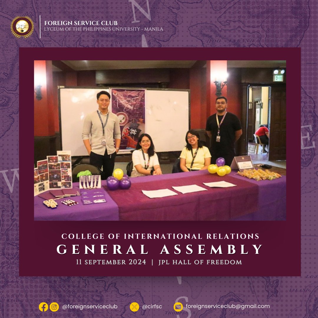 cirfsc's tweet photo. The Foreign Service Club extends its gratitude to all CIR students who visited our booth during the event. We are looking forward to have you join our future events soon! 💜

#TatakFSC
#ForeignServiceClub
#CollegeofInternationalRelations
#LPUManila https://t.co/DRXtocH5jg