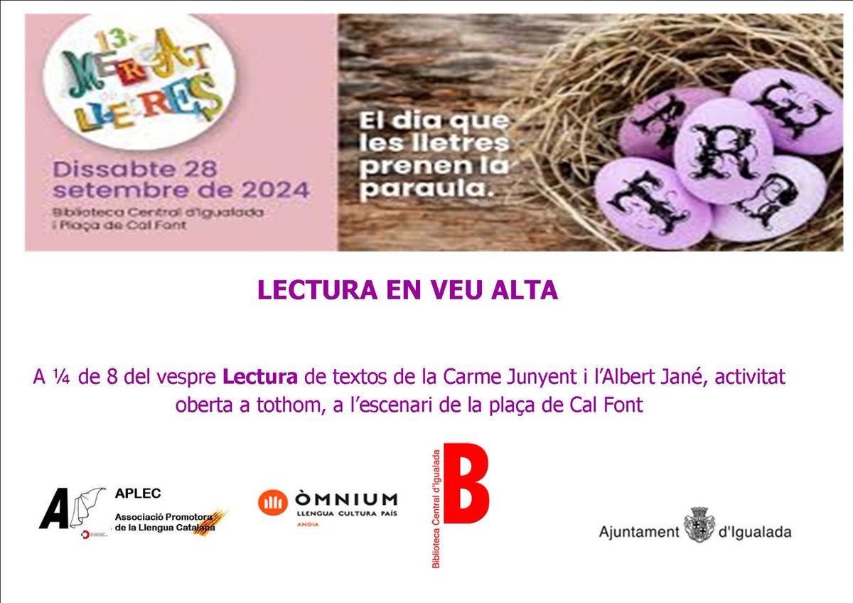 El proper dia 28 de setembre EL MERCAT DE LLETRES us espera a la plaça de Cal Font d'Igualada: el dia que les lletres prenen la paraula!!!