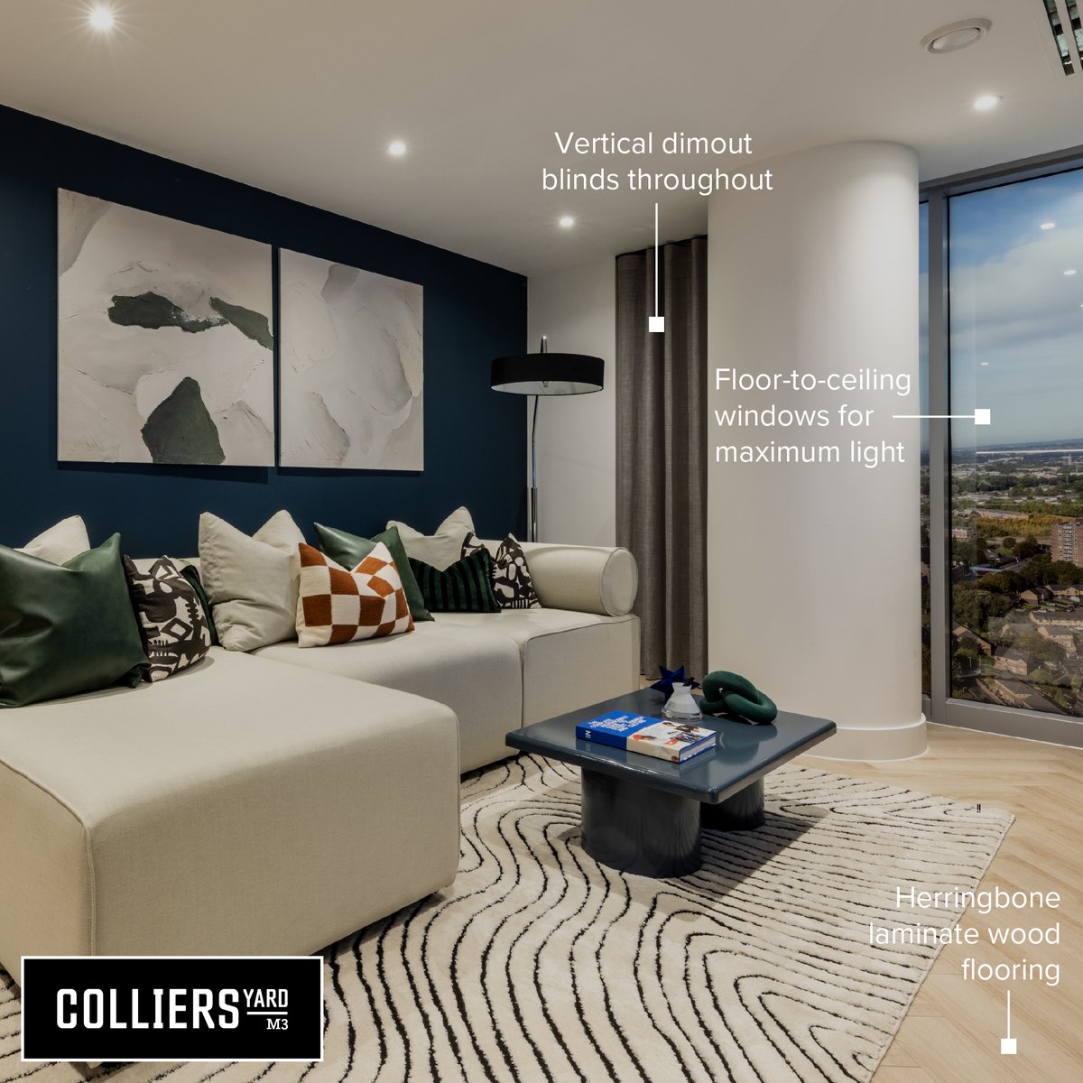 At Bankside at Colliers Yard, each apartment has been thoughtfully designed to create a luxurious living space with a welcoming ambience. 

With herringbone laminate wood flooring to the kitchen, living area and hallways, and carpets fitted in the bedrooms, it is the perfect