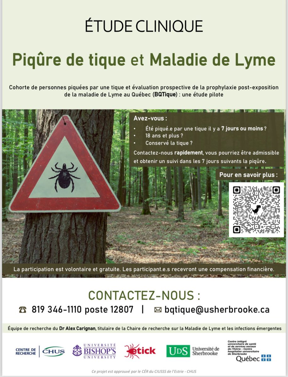 🚨Étude sur les piqûres de tiques ! 🚨Merci de partager !

Vous avez:

✅ Été piqué par une tique en Estrie il y a &lt;=7 jours
✅ &gt;=18 ans
✅ Conservé votre tique

Vous pourriez y participer. Contactez-nous !

bqtique@usherbrooke.ca
819-346-1110 #12820

<a href="/USherbrooke/">Université de Sherbrooke</a>