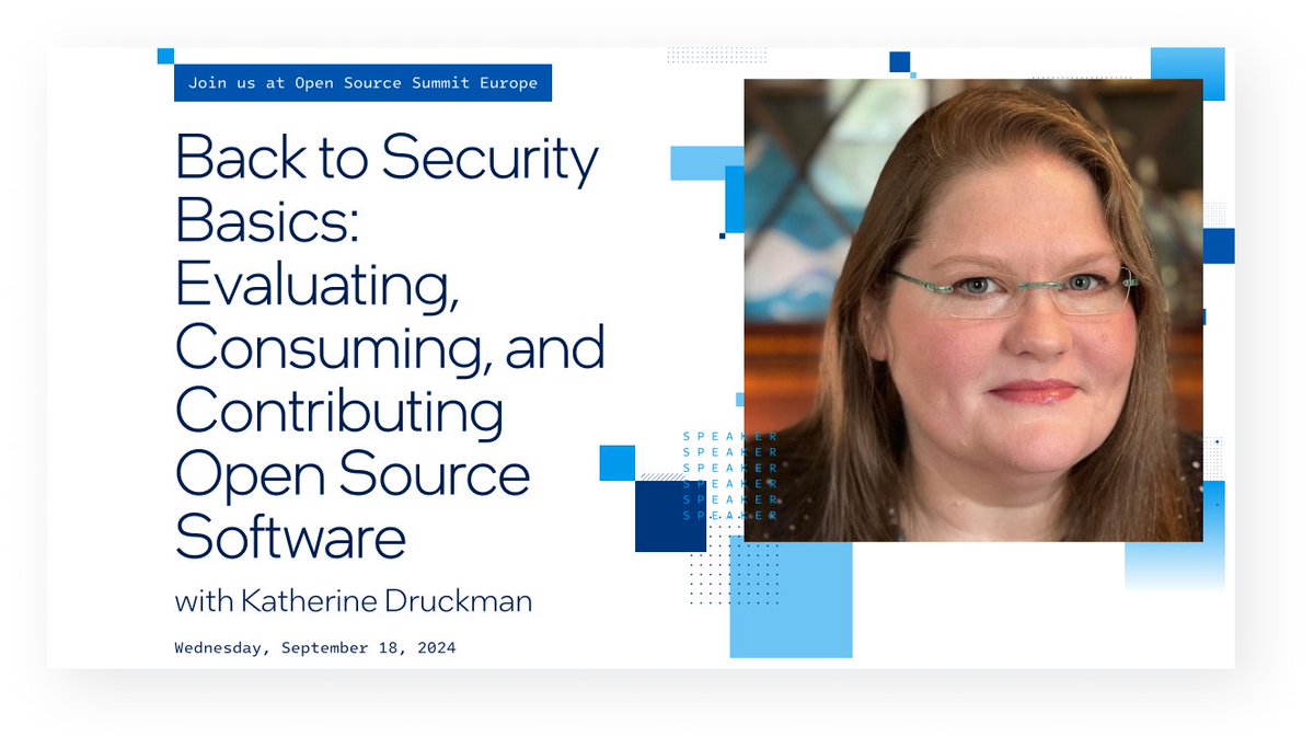 🧑‍🏫 Wrapping up #OSSummit, <a href="/KatherineD/">Katherine Druckman</a> takes you Back to Security Basics with a practical session covering the important challenges in securely consuming open source software.  Join her today at 14:00 - 14:40 CEST, room 2.15 (Level 2). Don't miss it!  sched.co/1ej6i
