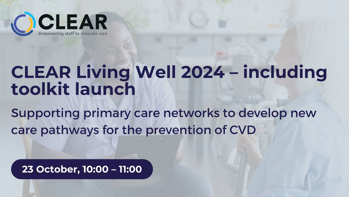 clear4care's tweet image. We’re excited to showcase our new #CLEARLivingWell #CVDPrevention Toolkit in our webinar on Wednesday 23 October (10:00 – 11:00).
Part of the @NHS England-commissioned CLEAR Living Well programme, a practical toolkit has been developed to support PCNs, ICSs and other…