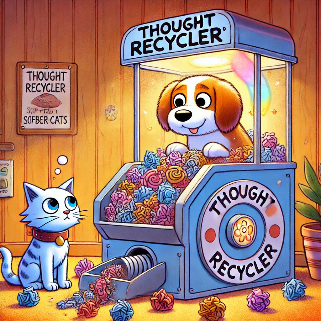 DualityTail's tweet photo. #Seshdog feeding his trashy thoughts into the 'Thought Recycler'—turning 'I’m a mess' into 'I’m a work in progress'! #Sobercat approves. 🐾♻️ https://t.co/oxH9hv2ziT