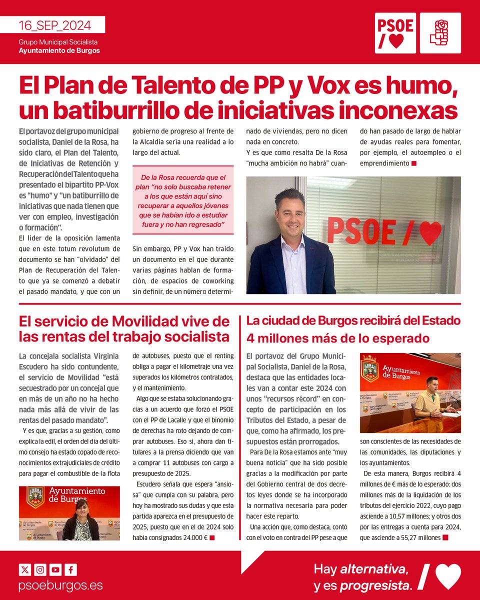 Boletín semanal:

❌El Plan de Talento de PP y Vox es un batiburrillo de iniciativas inconexas

❌El servicio de Movilidad vive de las rentas del trabajo socialista

✅La ciudad de Burgos recibirá del Estado 4 millones más de lo esperado

➡️psoeburgos.es/index.html
