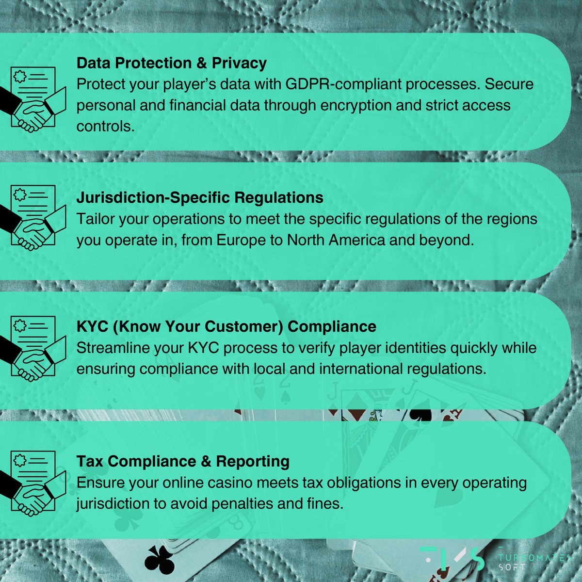 turbomates's tweet image. 💡 Compliance is key! Our new guide shows how to stay ahead with gambling regulations, from AML practices to player protection. Secure your online casino today! 🛡️ #CasinoDevelopment #GamblingCompliance #iGaming #AML