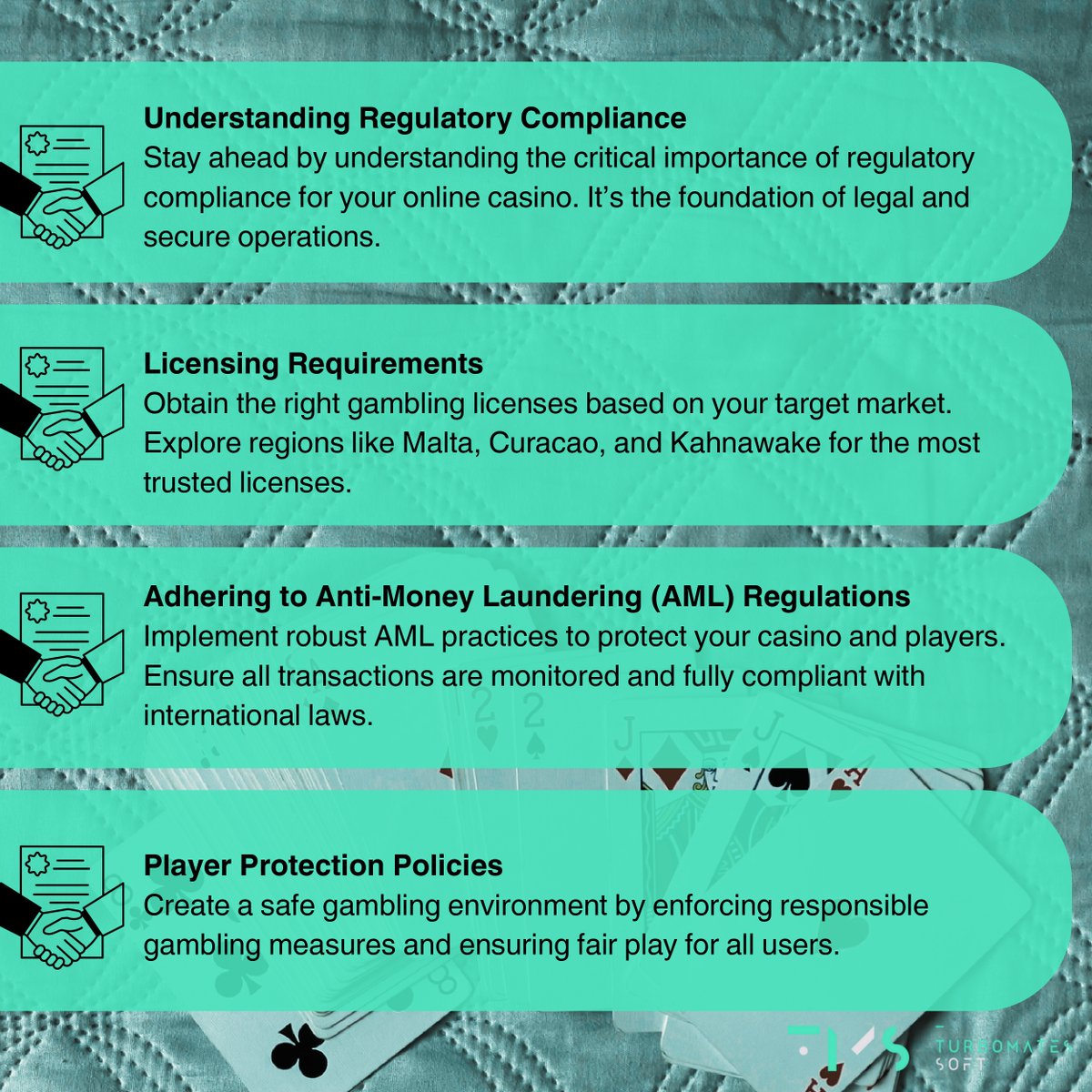turbomates's tweet image. 💡 Compliance is key! Our new guide shows how to stay ahead with gambling regulations, from AML practices to player protection. Secure your online casino today! 🛡️ #CasinoDevelopment #GamblingCompliance #iGaming #AML