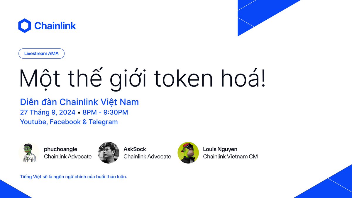 phuchoanglevn's tweet photo. Hé lu hé lu, mại dô mại dô, đến hẹn lại lên, mỗi tháng một lần!!!
Mời mọi người tham gia cùng mình, Đạo 'AskSock' Ngô - Community Advocate của Chainlink, và Louis Nguyễn Community Manager của Chainlink Việt Nam trong buổi livestream trên các nền tảng Youtube, Facebook và Telegram để cập nhật những thông tin mới nhất về Chainlink trong tháng 9.
Ngoài ra, chúng ta sẽ cùng khám phá hành trình toàn cầu của việc mã hóa tài sản (tokenization), cũng như các nền tảng mà Chainlink đã ứng dụng công nghệ blockchain để phát triển và hoàn thiện. Chúng ta cũng sẽ tìm hiểu về cách Chainlink đang kết nối các tổ chức tài chính truyền thống (TradFi) và phi truyền thống (DeFi), đặt nền móng cho một thế giới tài chính công nghệ mới mẻ trong tương lai.
Buổi thảo luận sẽ mang đến nhiều chủ đề hấp dẫn như:
- Các cập nhật mới nhất về Chainlink và những giải pháp trong tháng 9/2024
- Chainlink Academy - nền tảng giáo dục Web3 của Chainlink, cung cấp thông tin về cách nhận được chứng chỉ Chainlink Certification!
- Những thông tin nóng hổi về thế giới token hóa từ sự kiện Token2049
👉 Đăng ký và nhận thông tin cập nhật qua email để tham gia diễn đàn Chainlink Việt Nam: https://t.co/5WvvoANi4Y