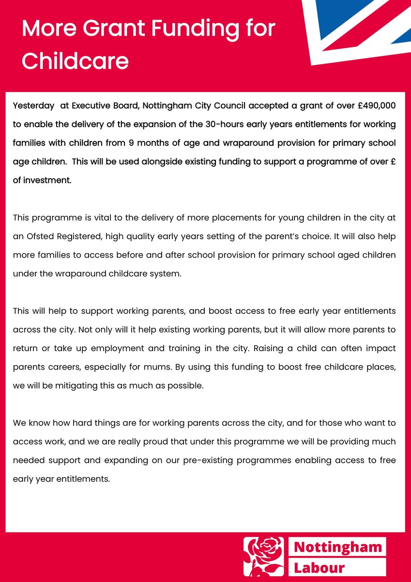 Yesterday, Nottingham City Council accepted a grant of over £490,00 to be used to deliver more placements for young children in the city, helping to support working parents across the city.