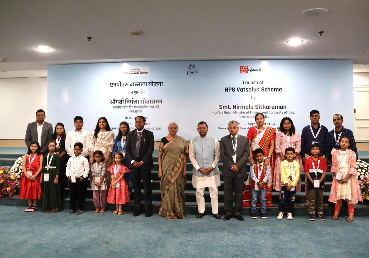 Smt <a href="/nsitharaman/">Nirmala Sitharaman</a> launches the #NPSVatsalya Scheme in New Delhi.

Also present on the occasion are Shri <a href="/mppchaudhary/">Pankaj Chaudhary</a>, Hon'ble Minister of State for Finance, <a href="/DFS_India/">DFS</a> Secretary Shri M. Nagaraju and <a href="/PFRDAOfficial/">PFRDA</a> Chairman Shri Deepak Mohanty. 

#PensionkiGullak #GiftofCare