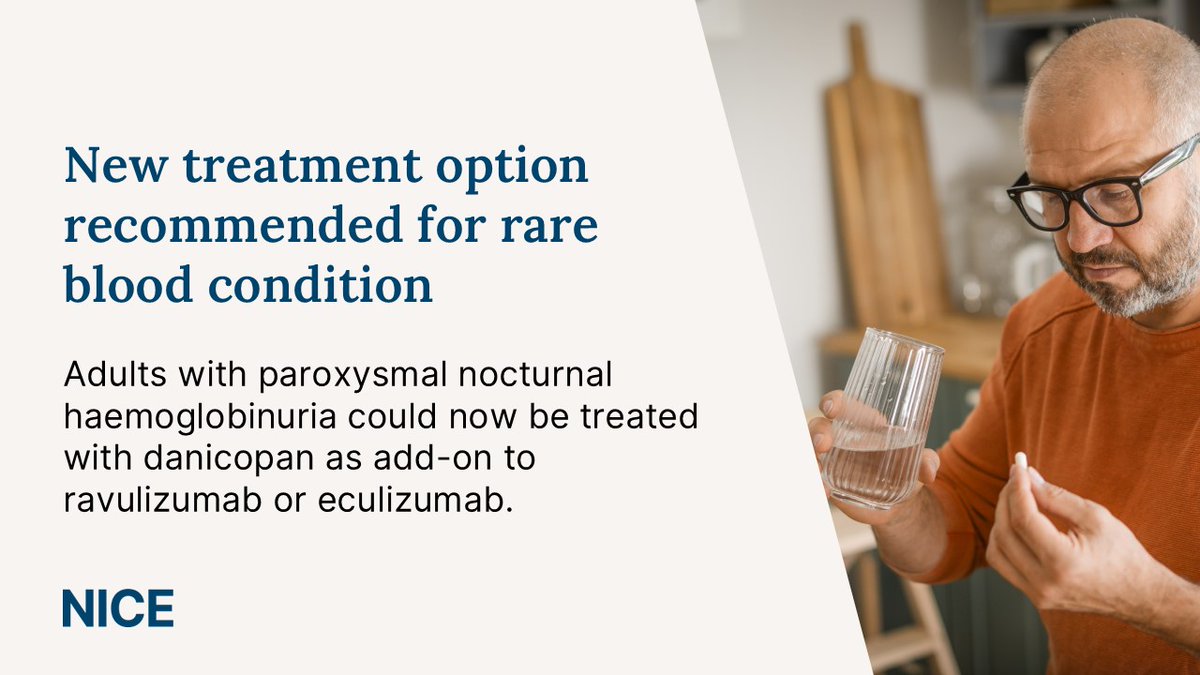Adults with the rare blood condition paroxysmal nocturnal haemoglobinuria will soon have access to a new treatment option.
 
Our independent committee has recommended danicopan for treating paroxysmal nocturnal haemoglobinuria.
 
Learn more: nice.org.uk/guidance/indev…

#NICENews