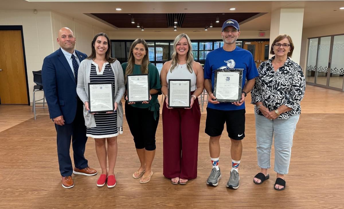 Congratulations to our 2025 Teachers of the Year!  Nominees: Alexandra Xenophontos, Pamela Knowlton, Kristina DiLibero, Linsey Allain (not pictured), and our district and <a href="/BHSBroncos/">Burrillville HS Broncos</a> teacher of the year Gennaro Ferraro. Go Broncos!!