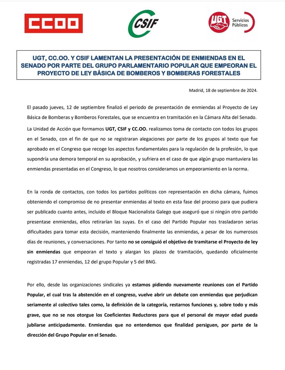 ugtbomberofores's tweet photo. El proyecto #LeyBasicaBBFF que fue aprobado en @Congreso_Es se ve atascado en @Senadoesp por un @ppopular que se abstuvo en su votación del 23 de julio en el congreso. Desde @ugtbomberofores no cesaremos en la lucha hasta ver la ley como una realidad para el colectivo https://t.co/92m27KJKOe