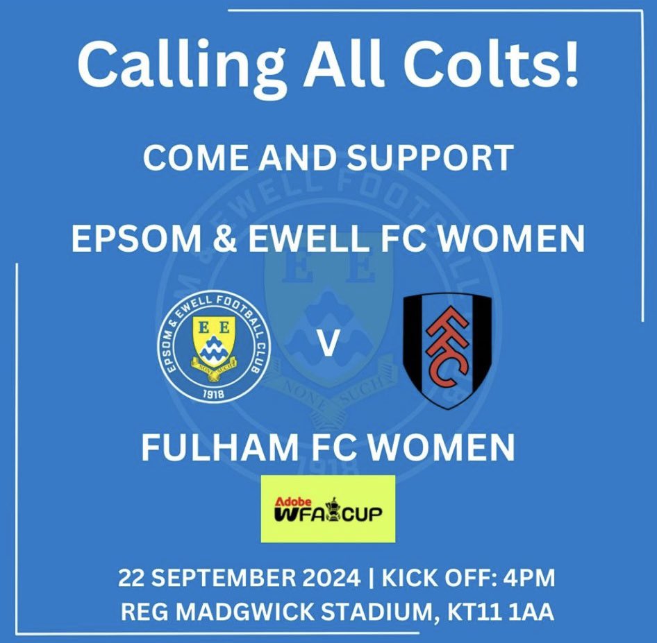 We’ve drawn Fulham FC Women 🖤🤍in the FA Cup 🙌🙌🙌 . Come and support our Women on Sunday afternoon. 
Free entry!
And Colts players, wear your kit! 💙🤍💙🤍