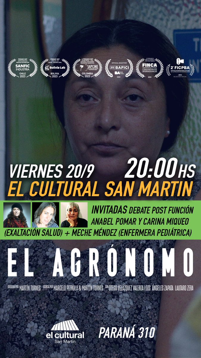 Martín Turnes (@martinturnes) on Twitter photo ⚠️Todavía no viste <a href="/ElAgronomoFilm/">ElAgronomoFilm</a> ???
2024, 72’, ATP C/L
🔜 Viernes 20 de Septiembre
🕰️20:00 hs
📽️Sala <a href="/elculturalsm/">elculturalsanmartín</a>
📍Paraná 310, CABA
🔥Invitadas: ANABEL POMAR y CARINA MIQUEO (Exaltación Salud) + MECHE MÉNDEZ (Enfermera pediátrica)
🎟️ shorturl.at/YKHGB ⚠️Todavía no viste <a href="/ElAgronomoFilm/">ElAgronomoFilm</a> ???
2024, 72’, ATP C/L
🔜 Viernes 20 de Septiembre
🕰️20:00 hs
📽️Sala <a href="/elculturalsm/">elculturalsanmartín</a>
📍Paraná 310, CABA
🔥Invitadas: ANABEL POMAR y CARINA MIQUEO (Exaltación Salud) + MECHE MÉNDEZ (Enfermera pediátrica)
🎟️ shorturl.at/YKHGB