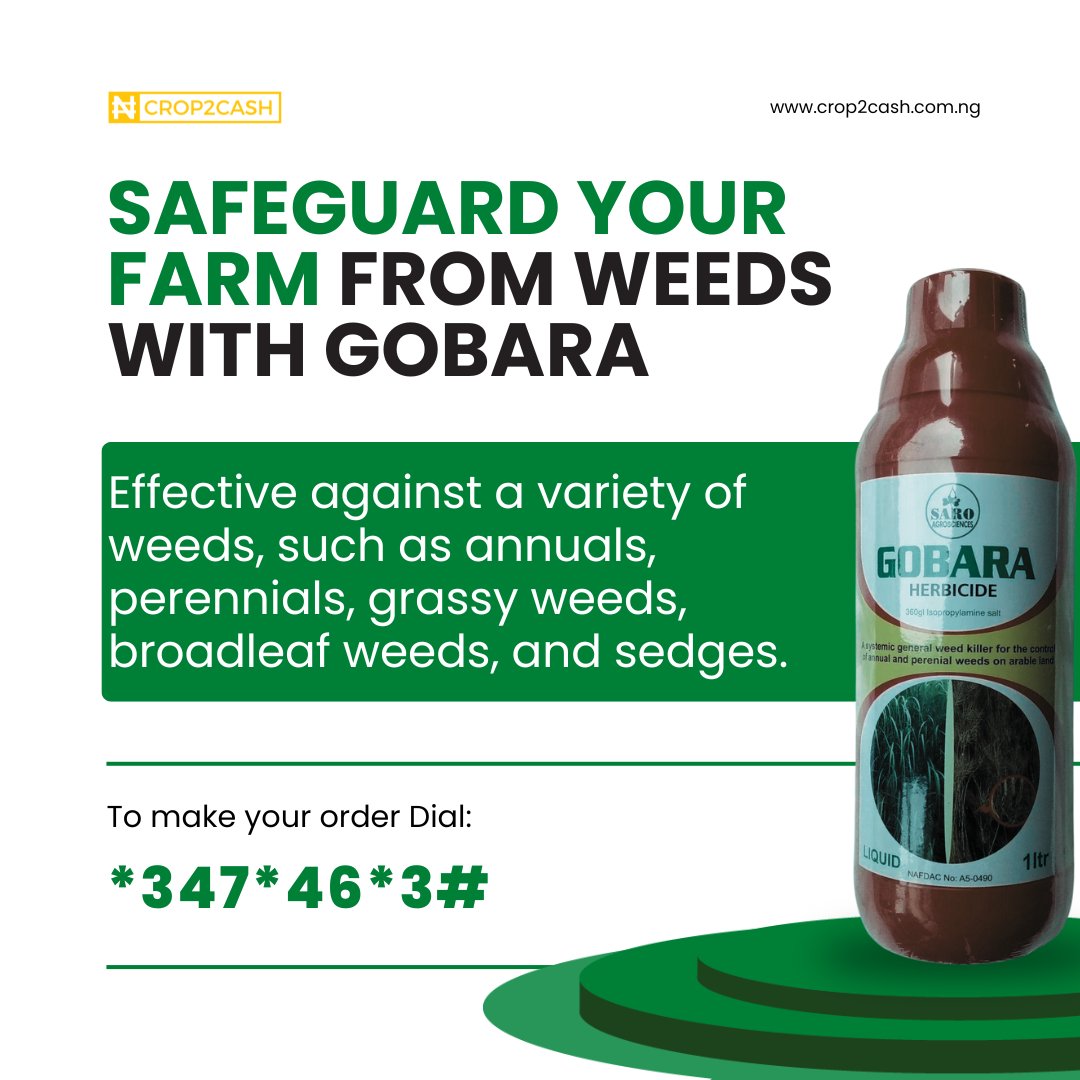 Protect your harvest and profits! 

Gobara herbicide works wonders against weeds without harming your precious crops. It targets weeds at the root, ensuring long lasting protection for your crops.

Get it now by dialing *347*46*3# to access our marketplace.

#Crop2Cash #farminput