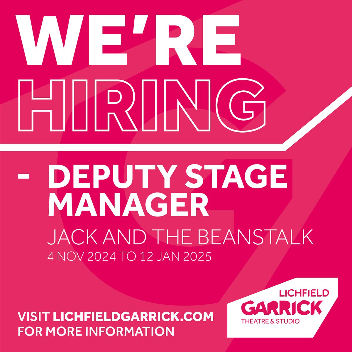 We're looking for a Deputy Stage Manager! 📣

We're searching for an experienced DSM to join our talented team from 4th November 2024 to 12th January 2025.

Applications close on Sunday 6th October 2024.

👉 lgtl.ink/WorkWithUs

#GarrickPanto #LichfieldGarrick #theatrejobsuk