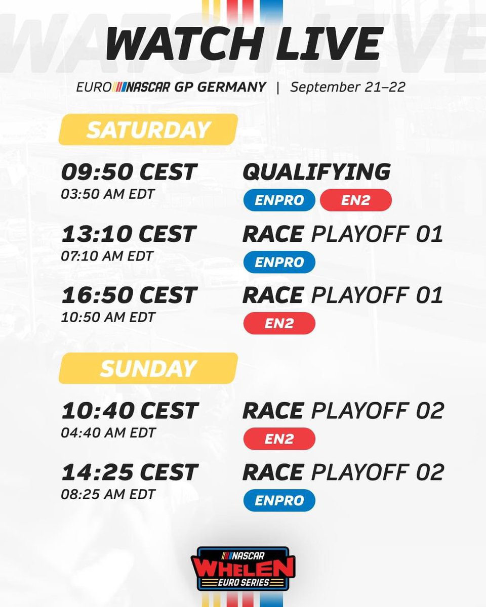 It's RACE WEEK 🏁 at Motorsport Arena Oschersleben for the #NASCARGPGER 🇩🇪 and here is our schedule when you can watch the qualifyings and all races live! 🏎️#34
<a href="/worldofnwes/">World of EuroNASCAR</a> 
<a href="/infoSIMATOK/">SIMATOK Simulator</a> 
Cerutti "il Caffè"
Motorsport Arena Oschersleben
<a href="/EuroNASCAR/">NASCAR Euro Series</a>