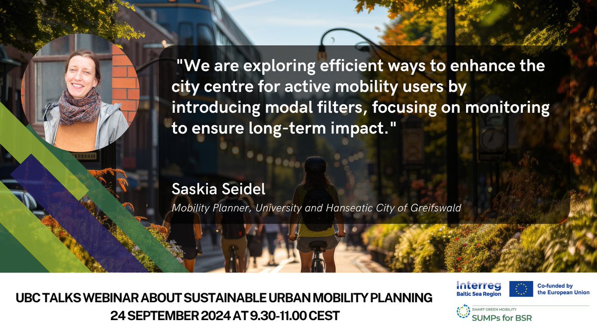 🏙️How can your city centre be more inviting to active mobility users?
On 24 Sep, #UBCTALKS will discuss how Greifswald introduces modal filters and uses monitoring to ensure long-term impact🌿
🕒09.30–11.00 CEST
📝Register today! ubc-sustainable.net/events/ubc-tal… #SUMPsforBSR