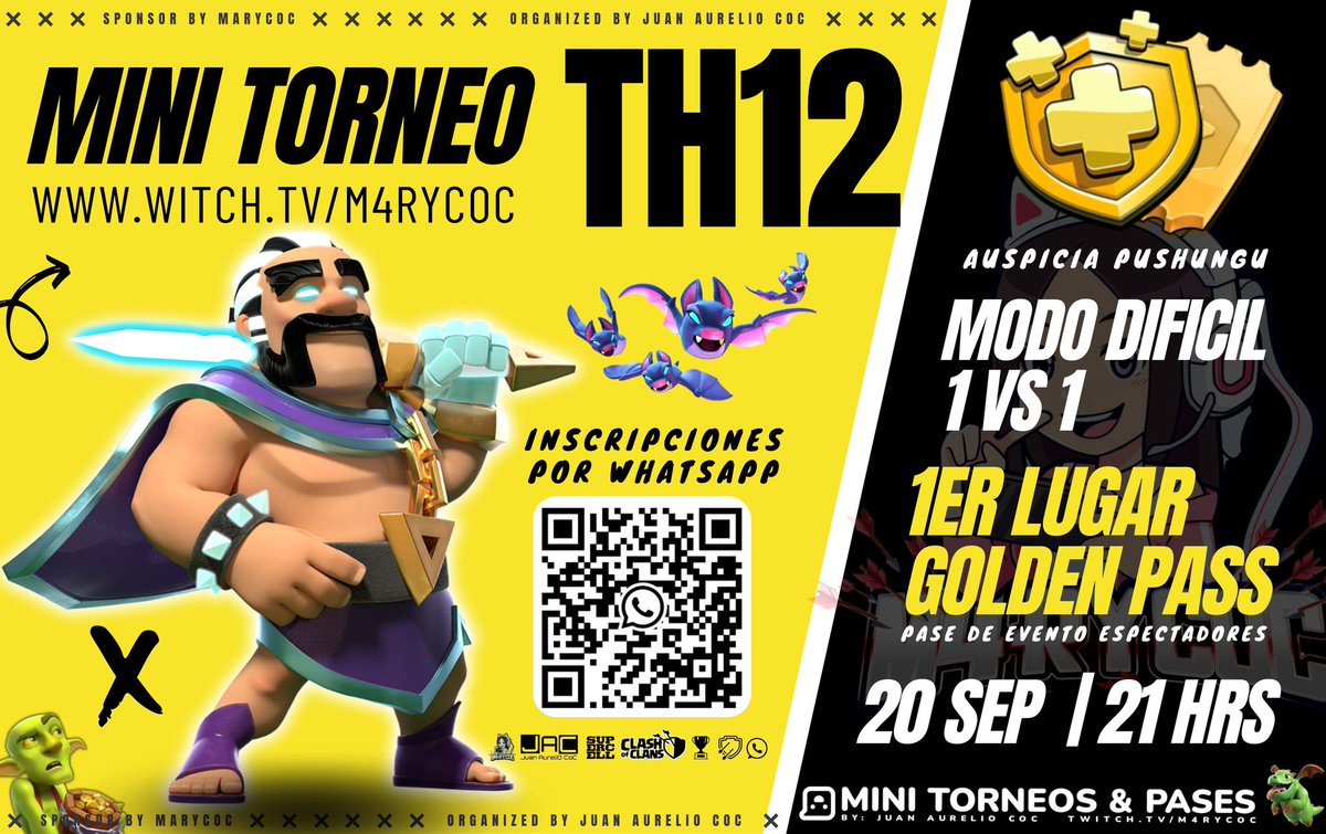 ✍🏻 PRE - INSCRIPCIONES
chat.whatsapp.com/JunnyDghqDl9dd…

🖥️ ORGANIZA
Mini Torneos &amp; Pases
Juan Aurelio CoC
Andres Cri Cri

🎥 TRÁNSMITE
twitch.tv/M4rycoc