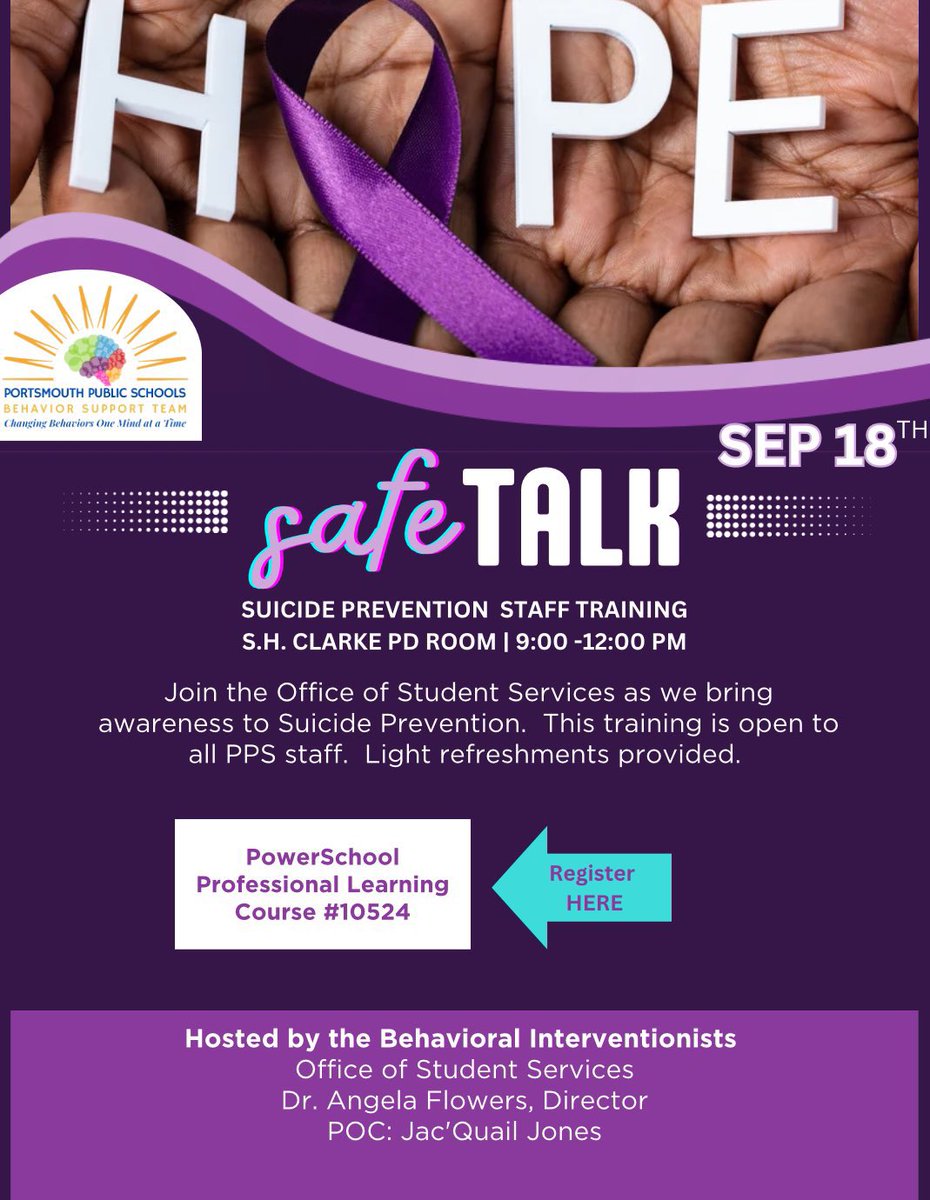 Mar_AdamsPPS's tweet image. Did you know?
Suicide is the second leading cause of death among young people aged 10-24.
Join the @PortsVASchools Behavior Support Team for today’s SafeTALK staff training!
Let's talk, listen, and save lives together. #SuicidePrevention #PPSSHINES