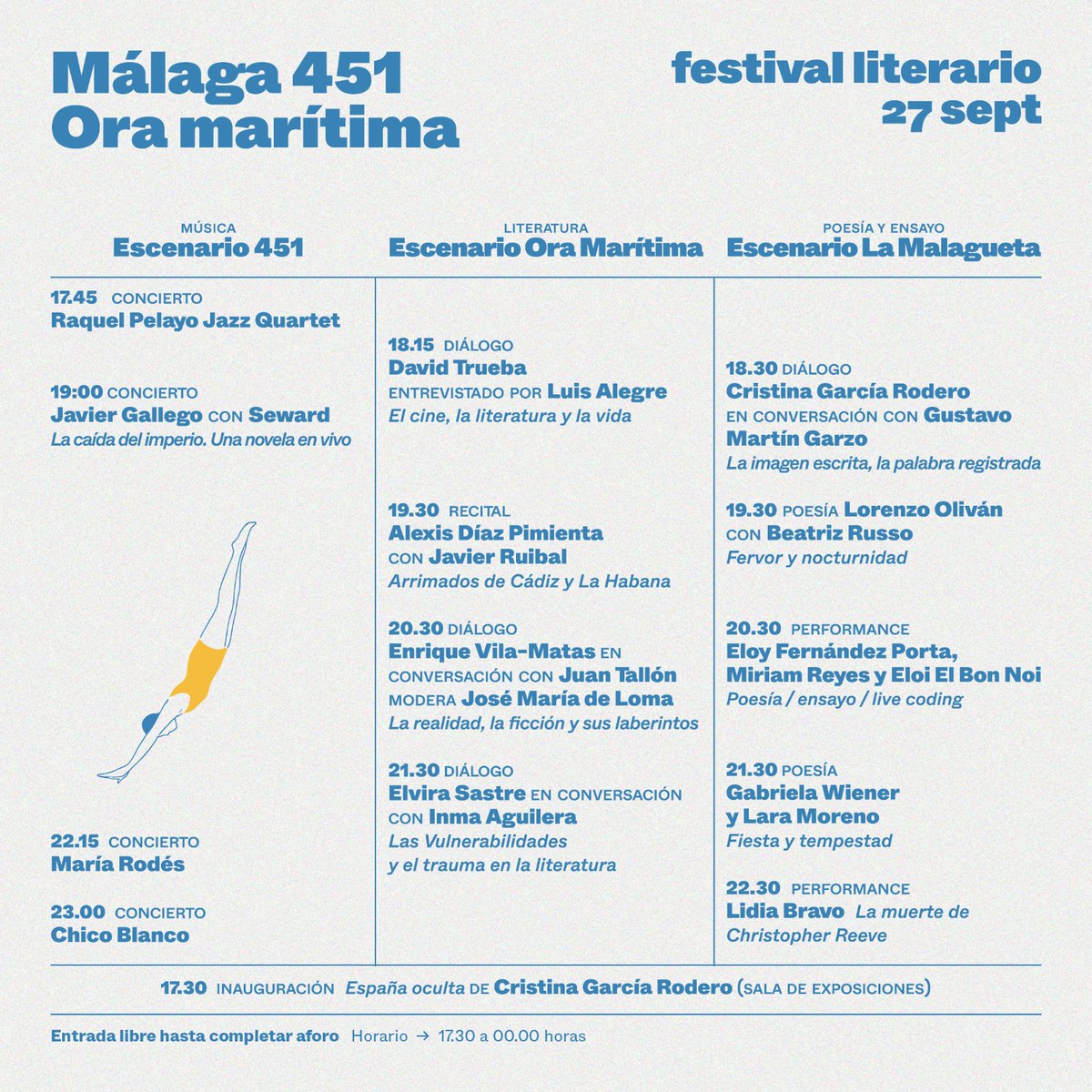 CC_LaMalagueta's tweet image. 🕠 De 17.30 a 00.00 horas 🕛 la literatura y la música inundarán la plaza de toros durante la celebración de #Málaga451:Ora Marítima.

Consulta toda la información sobre el programa de actividades en la página web 👀 bit.ly/malaga451