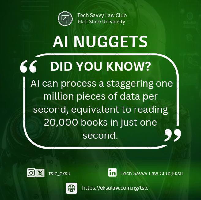 tslc_eksu's tweet photo. On this week's edition of Wednesday AI Nuggets* 

Did you know?

AI can process a staggering one million pieces of data per second, equivalent to reading 20,000 books in just one second.

#tslc https://t.co/xdRi9pHKfh