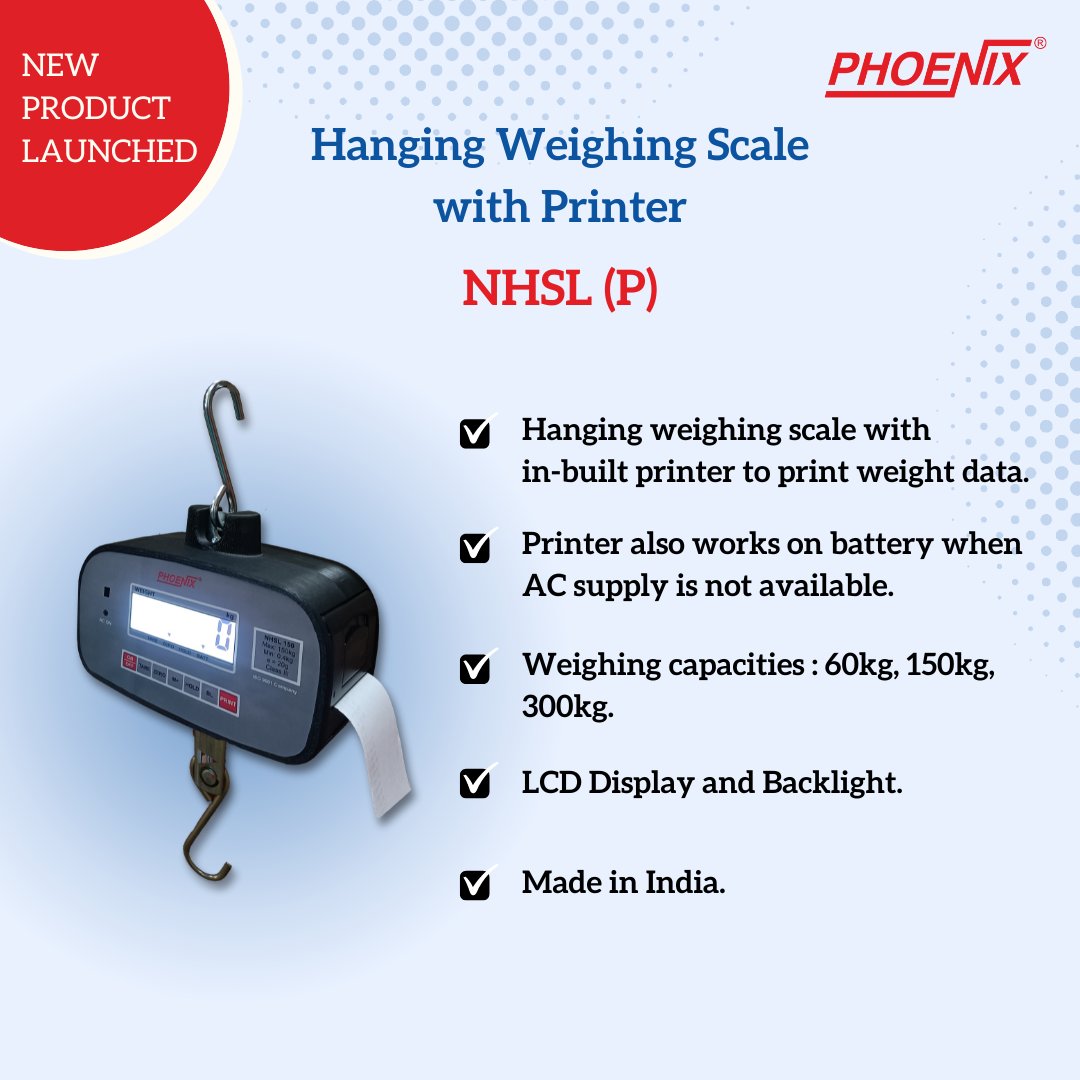 Phoenix_Nitiraj's tweet image. New product launched - Hanging Weighing Scale with in-built printer!

#hangingweighingscale #weightmachine #madeinindia #nitirajengineers #phoenix