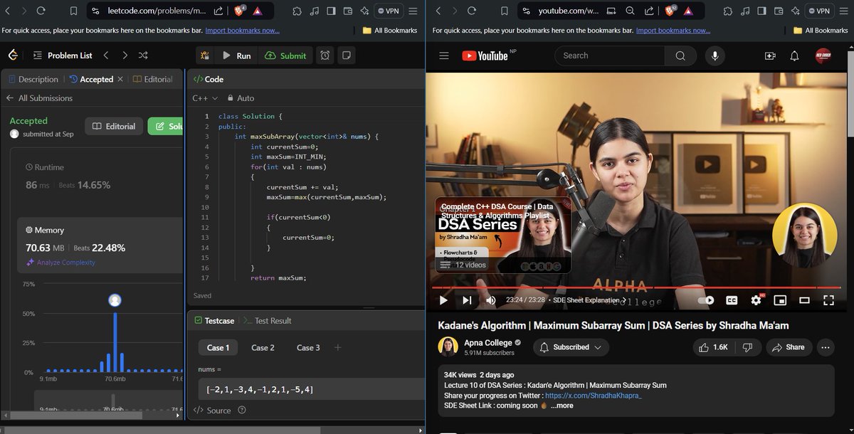 karankewat_008's tweet photo. "Just completed #lecture10 on Kadane's Algorithm for Maximum Subarray Sum! ๐ป BY: @ShradhaKhapra_ ๐ Balancing #DSA practice with semester exams is tough, but the grind never stops. ๐ #CodingJourney #KeepLearning #StudentLife #Lecture10 #apnacollege https://t.co/okKqxpOQO8