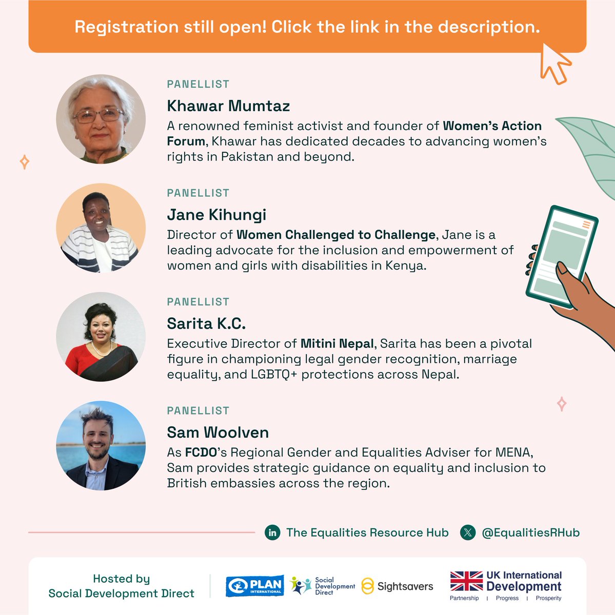 EqualitiesRHub's tweet image. 1week to go! 🎉 Meet our panelists for the 2 Oct launch of The Equalities Resource Hub: Don’t miss their insights on ‘Opportunities and Challenges in Gender and Equalities’ Register now bit.ly/474p1Bo #EqualitiesResourceHub #GenderEquality #SDDirect #PlanUK #Sightsavers
