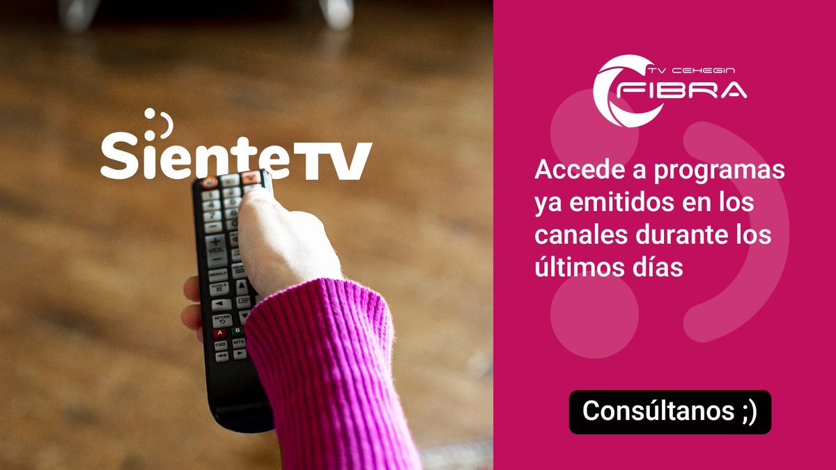 TvCehegin's tweet photo. Con Siente TV puedes acceder a algunos programas emitidos en los canales durante los últimos días.
¿Quieres añadir Siente TV a tu pack? Consúltanos y gana en diversión 😜
#sientetv #tvalacarta #multidispositivo #internetfibra #fibraoptica #TvCehegín #Cehegín https://t.co/MtYZPktbS8