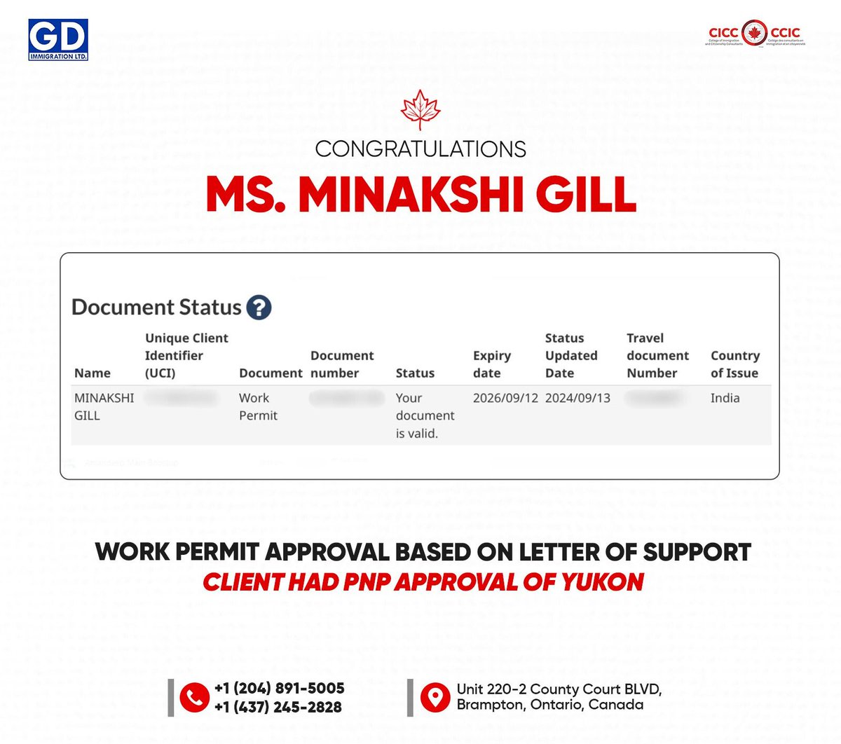 gurmilap27's tweet image. 🎉 Congratulations to Ms. Minakshi Gill on receiving her Work Permit approval!
With a strong Letter of Support and PNP approval from Yukon, she’s now ready to take the next big step in her career journey in Canada! 🇨🇦
.
#GDImmigration #Canada #WorkPermitSuccess #CanadaWorkPermit