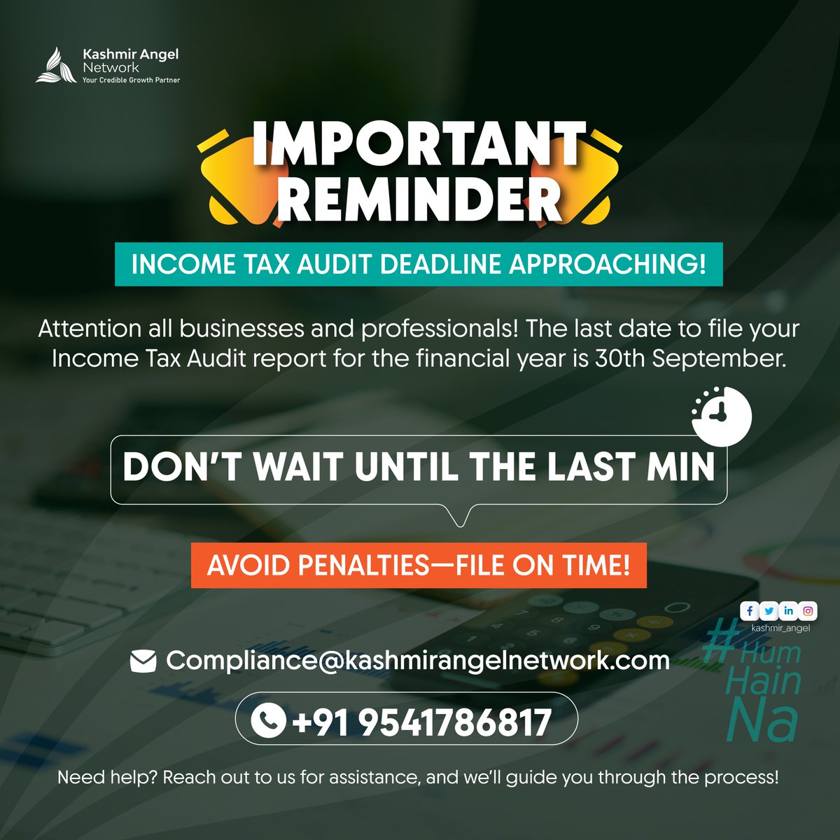 Kashmir_Angels's tweet image. Tax Audit Deadline Alert!

🚨 Last date to file your Income Tax Audit is 30th September. Don’t wait—file now to avoid penalties!

📧 Compliance@kashmirangelnetwork.com
📞 +91 9541786817
#FileOnTime #TaxAudit #KAN