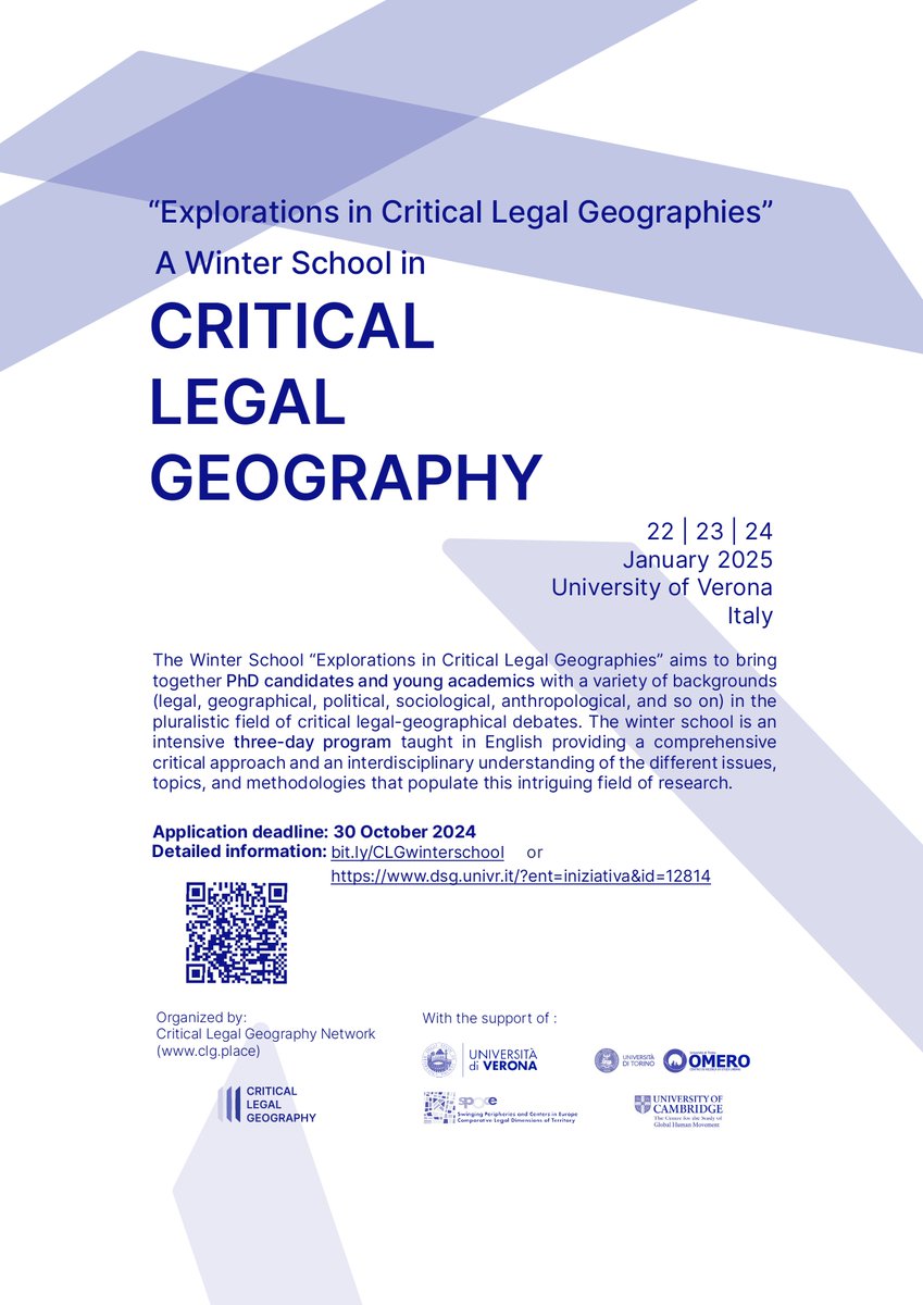 Critical Legal Geographies Network (@legalgeolsa) on Twitter photo We are happy to announce our first winter school “Explorations in Critical Legal Geographies” (Verona, 22-24 January 2025). Deadline for applications: 30 October. Complete info at: bit.ly/CLGwinterschool We are happy to announce our first winter school “Explorations in Critical Legal Geographies” (Verona, 22-24 January 2025). Deadline for applications: 30 October. Complete info at: bit.ly/CLGwinterschool