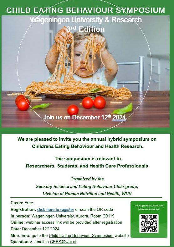 Marlou (@marlou_la) on Twitter photo Join us for the 3rd edition of the Wageningen Child Eating Behaviour Symposium (Hybrid) on December 12th 2024 ! Registration: lnkd.in/eRikGJe6
<a href="/WUR/">Wageningen U&R</a> <a href="/WUR_HNH/">Wageningen Human Nutrition and Health</a> <a href="/fordeycee/">Ciaran Forde</a> <a href="/BeyzaStnn/">Beyza Ustun</a> <a href="/SSIBsociety/">SSIB</a> Join us for the 3rd edition of the Wageningen Child Eating Behaviour Symposium (Hybrid) on December 12th 2024 ! Registration: lnkd.in/eRikGJe6
<a href="/WUR/">Wageningen U&R</a> <a href="/WUR_HNH/">Wageningen Human Nutrition and Health</a> <a href="/fordeycee/">Ciaran Forde</a> <a href="/BeyzaStnn/">Beyza Ustun</a> <a href="/SSIBsociety/">SSIB</a>