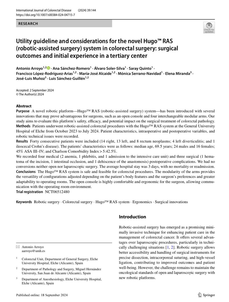 Primera publicación sobre nuestra experiencia y consejos prácticos de cirugía Colorrectal robótica con el robot Hugo RAS de Medtronic. Publicada en la revista International Journal Colorectal Disease (IF:2.5; Q1 JCR)🤖🦾Gracias a este EQUIPAZO.
link.springer.com/content/pdf/10…