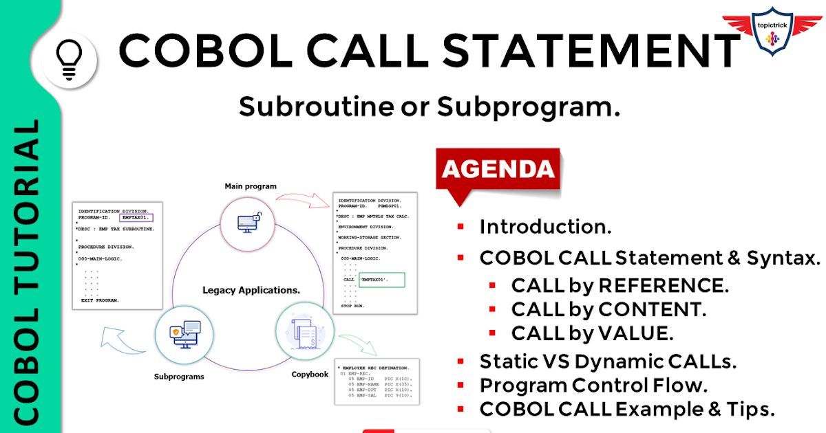 topictrick's tweet image. The COBOL CALL statement allows for calling subprograms using different parameter passing methods such as CALL BY Reference, CALL BY Value, and CALL BY Content. buff.ly/3Tzsp1o #COBOLProgramming #ParameterPassing